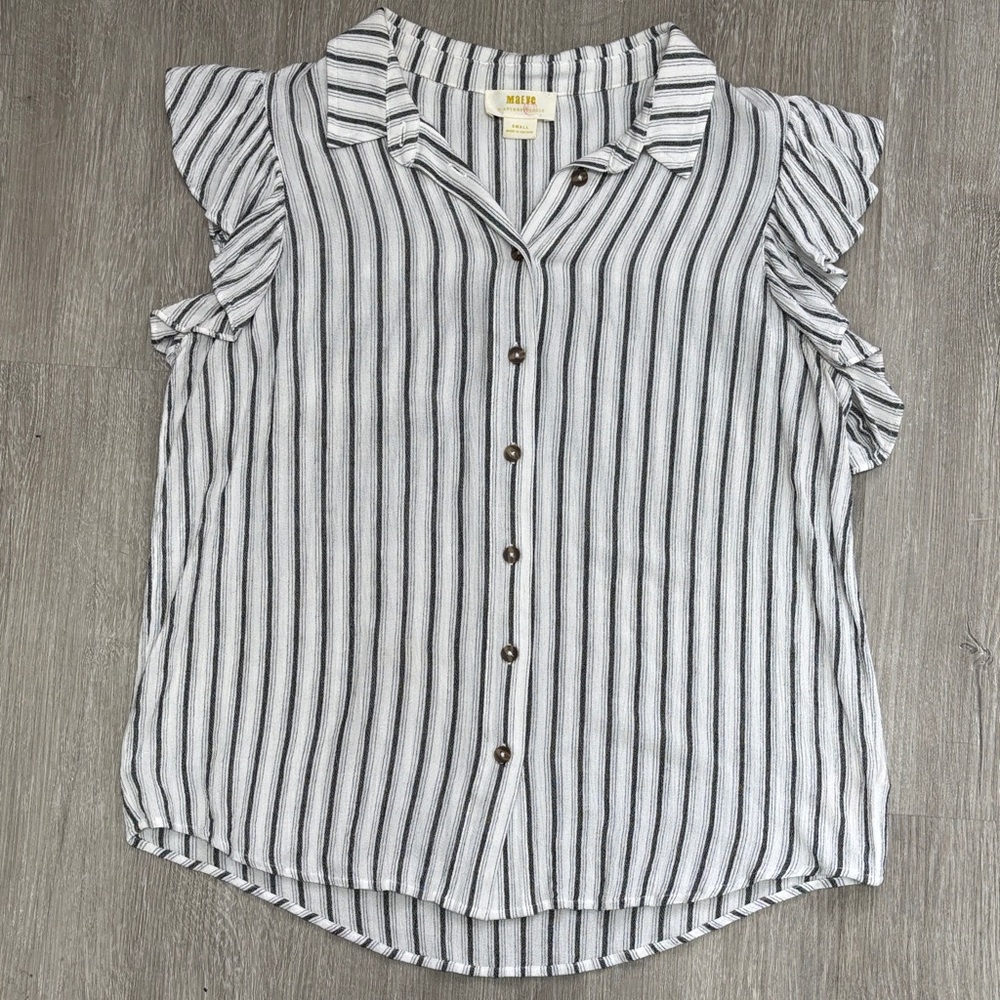 Maeve  Black and White Striped Ruffle short Sleeve Shirt spring summer size sm